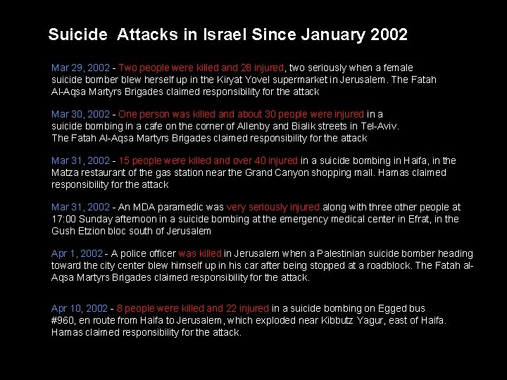 Suicide Attacks in Israel Since January 2002 Mar 29, 2002 - Two people were