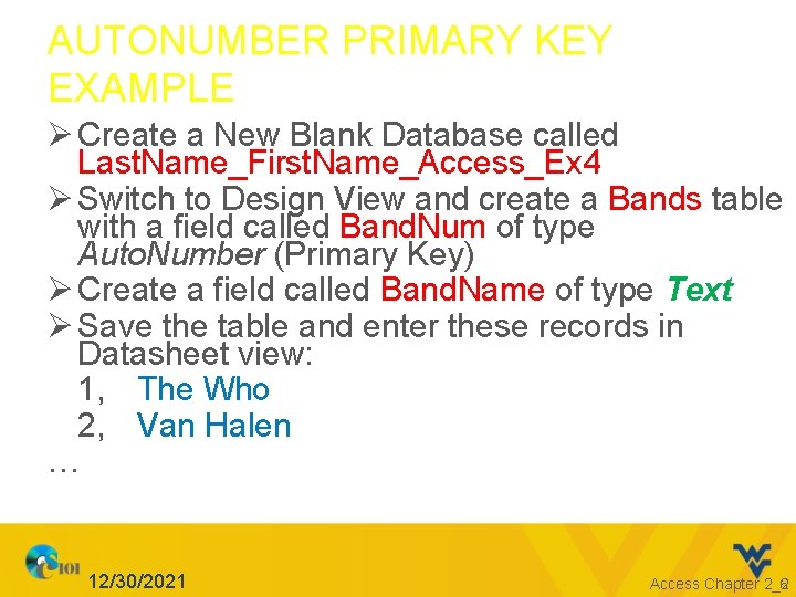 AUTONUMBER PRIMARY KEY EXAMPLE Ø Create a New Blank Database called Last. Name_First. Name_Access_Ex