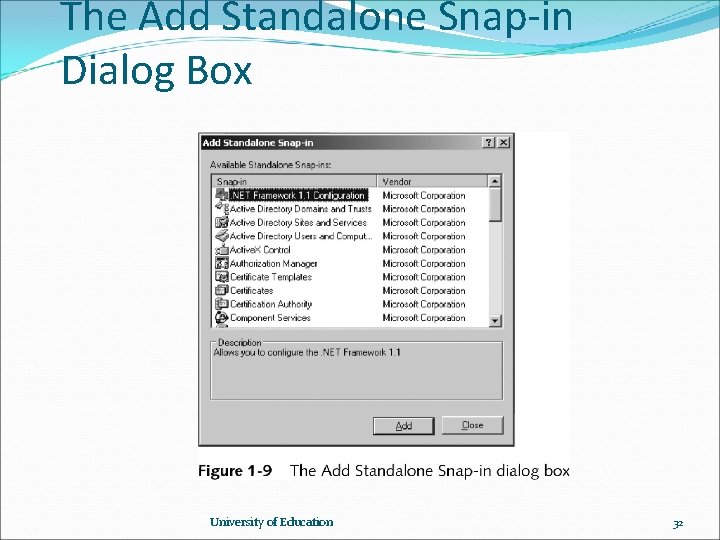 The Add Standalone Snap-in Dialog Box University of Education 32 The Add Standalone Snap-in Dialog Box University of Education 32