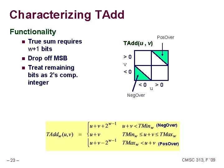 Characterizing TAdd Functionality n n n True sum requires w+1 bits Drop off MSB