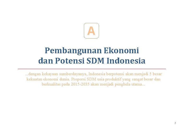 A Pembangunan Ekonomi dan Potensi SDM Indonesia. . . dengan kekayaan sumberdayanya, Indonesia berpotensi