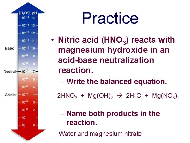 Practice • Nitric acid (HNO 3) reacts with magnesium hydroxide in an acid-base neutralization