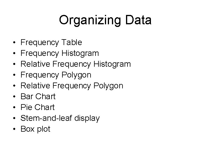 Organizing Data • • • Frequency Table Frequency Histogram Relative Frequency Histogram Frequency Polygon