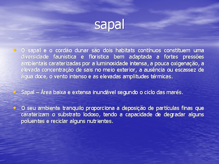 sapal • O sapal e o cordão dunar são dois habitats contínuos constituem uma