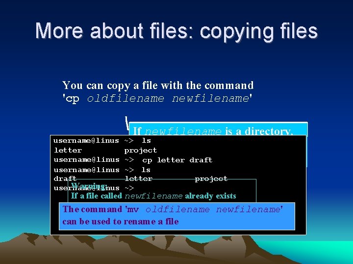 More about files: copying files You can copy a file with the command 'cp More about files: copying files You can copy a file with the command 'cp