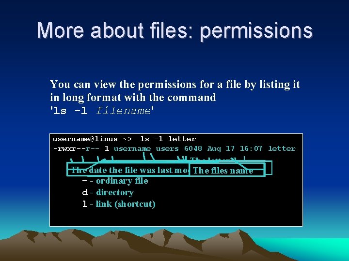 More about files: permissions You can view the permissions for a file by listing More about files: permissions You can view the permissions for a file by listing