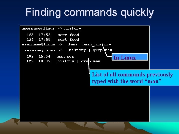 Finding commands quickly username@linus ~> history 123 17: 55 more food 124 17: 58 Finding commands quickly username@linus ~> history 123 17: 55 more food 124 17: 58