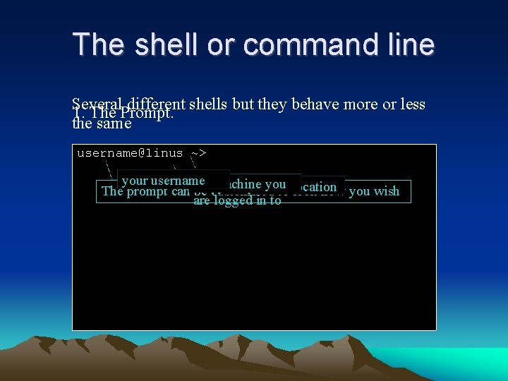 The shell or command line Several different shells but they behave more or less The shell or command line Several different shells but they behave more or less