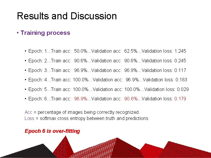 Results and Discussion • Training process • Epoch: 1. . . Train acc: 50.