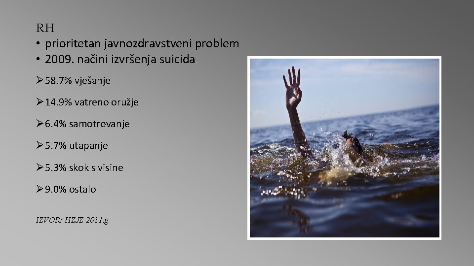 RH • prioritetan javnozdravstveni problem • 2009. načini izvršenja suicida Ø 58. 7% vješanje