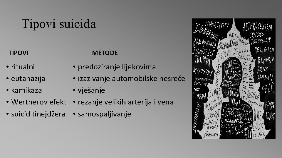 Tipovi suicida TIPOVI • ritualni • eutanazija • kamikaza • Wertherov efekt • suicid