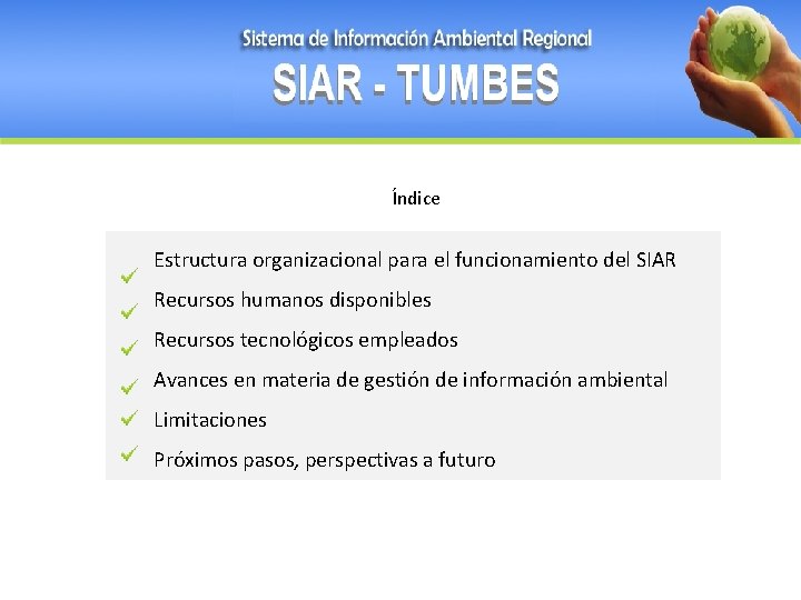 Sistema de Información Ambiental Regional Índice Estructura organizacional para el funcionamiento del SIAR Recursos