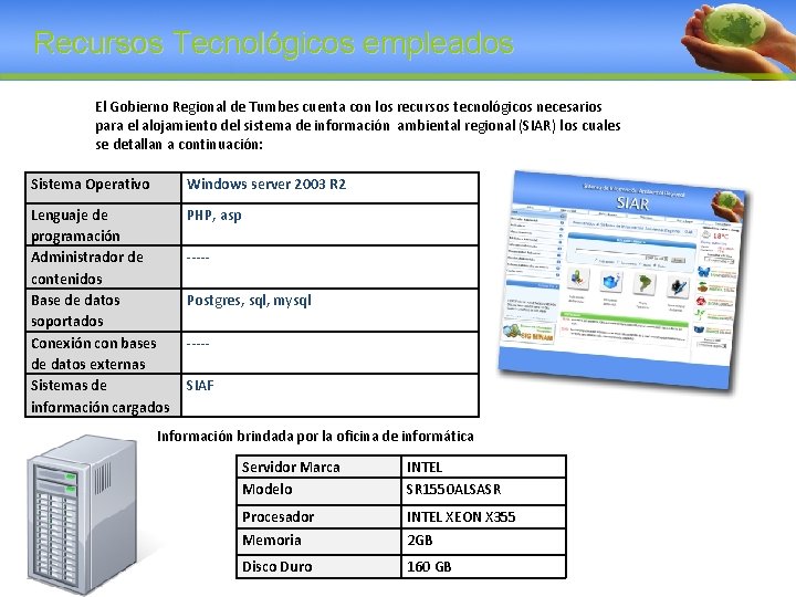 Recursos Tecnológicos empleados El Gobierno Regional de Tumbes cuenta con los recursos tecnológicos necesarios