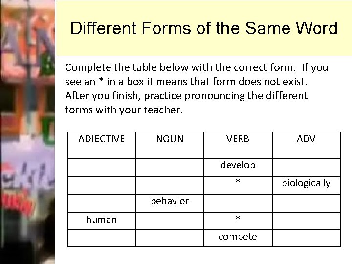 Different Forms of the Same Word Complete the table below with the correct form.