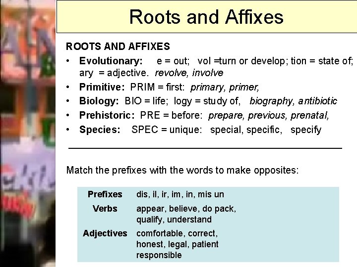 Roots and Affixes ROOTS AND AFFIXES • Evolutionary: e = out; vol =turn or