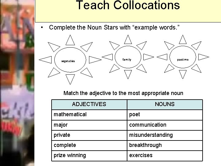 Teach Collocations • Complete the Noun Stars with “example words. ” vegetables family pastime