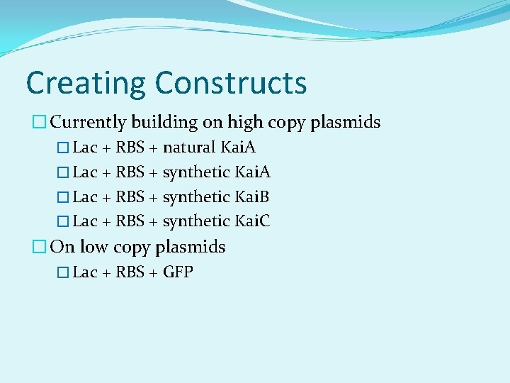 Creating Constructs � Currently building on high copy plasmids � Lac + RBS +
