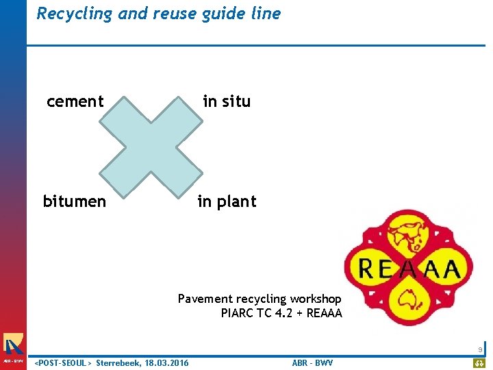 Recycling and reuse guide line cement in situ bitumen in plant Pavement recycling workshop
