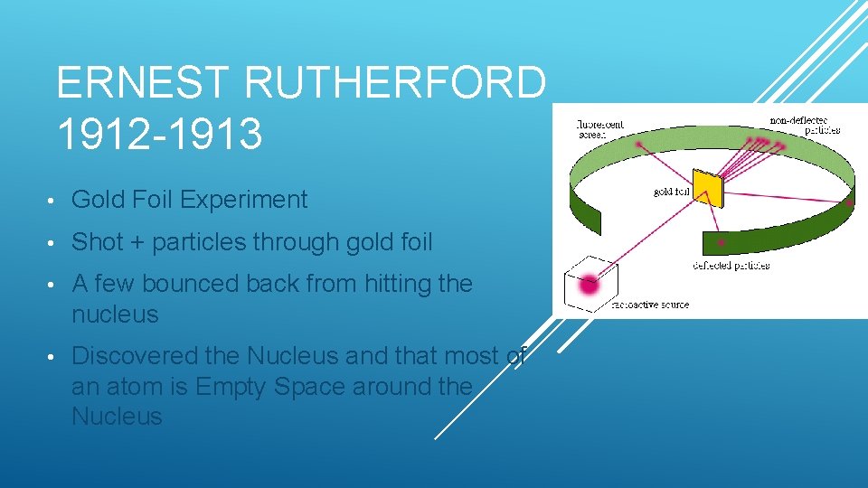 ERNEST RUTHERFORD 1912 -1913 • Gold Foil Experiment • Shot + particles through gold