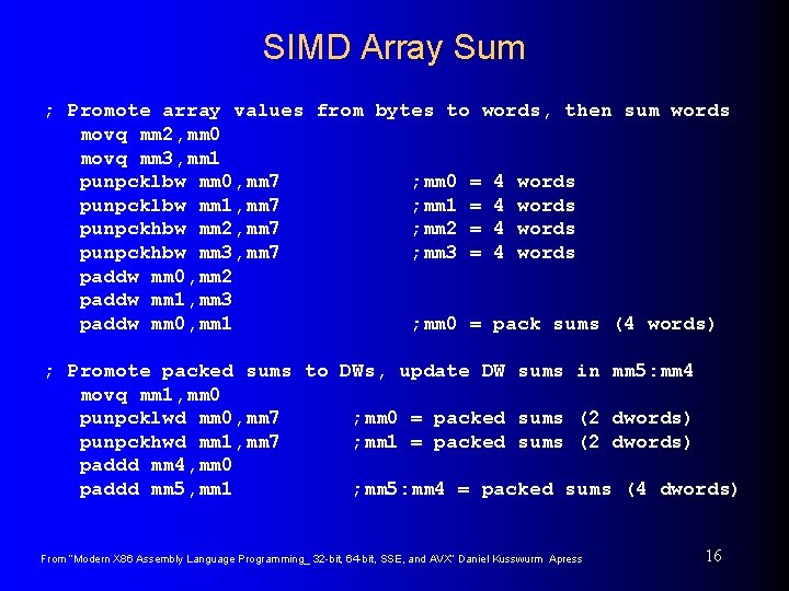 SIMD Array Sum ; Promote array values from bytes to words, then sum words