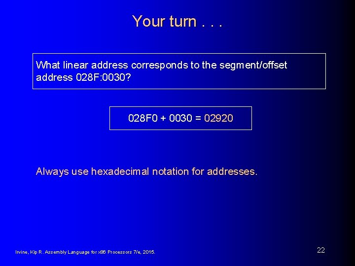 Your turn. . . What linear address corresponds to the segment/offset address 028 F: