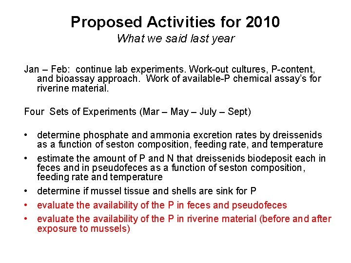 Proposed Activities for 2010 What we said last year Jan – Feb: continue lab