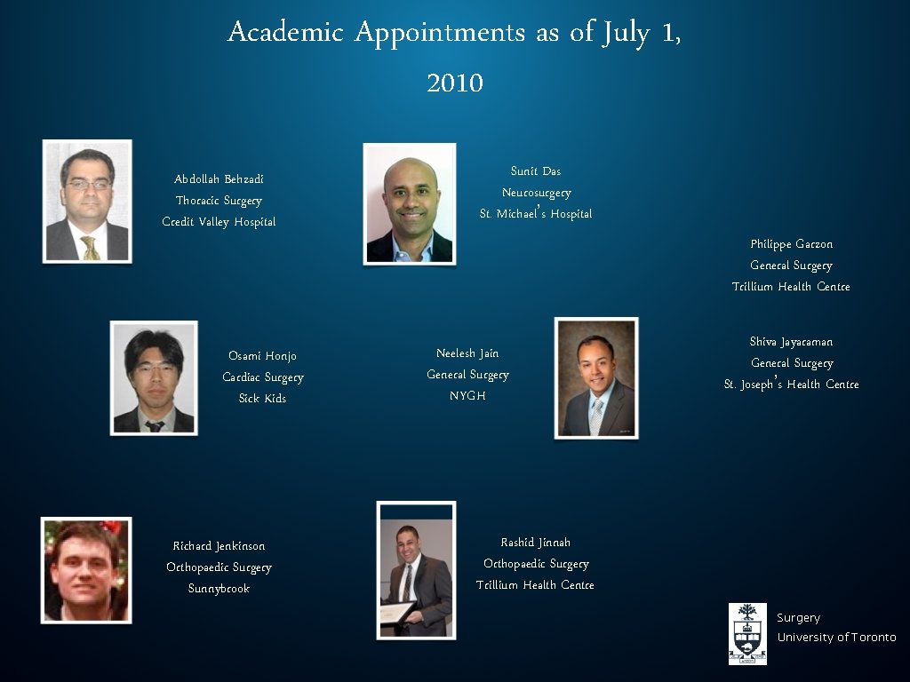 Academic Appointments as of July 1, 2010 Abdollah Behzadi Thoracic Surgery Credit Valley Hospital