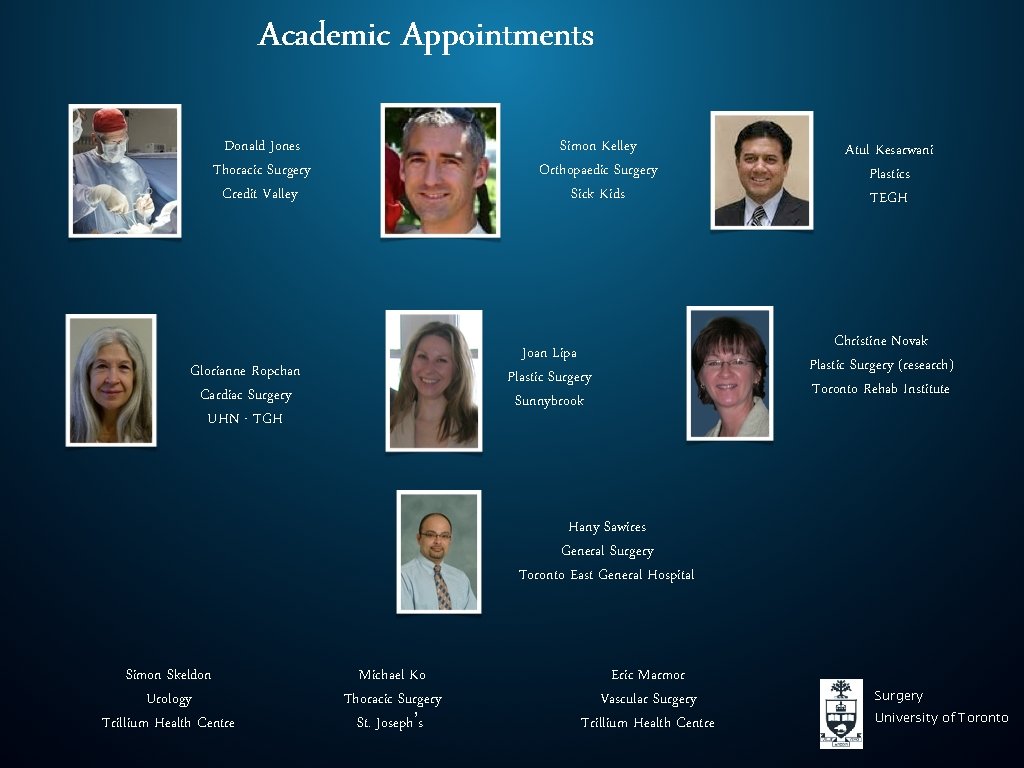 Academic Appointments Donald Jones Thoracic Surgery Credit Valley Simon Kelley Orthopaedic Surgery Sick Kids