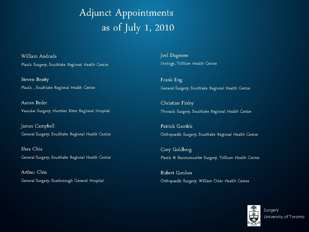 Adjunct Appointments as of July 1, 2010 William Andrade Joel Dagnone Plastic Surgery, Southlake