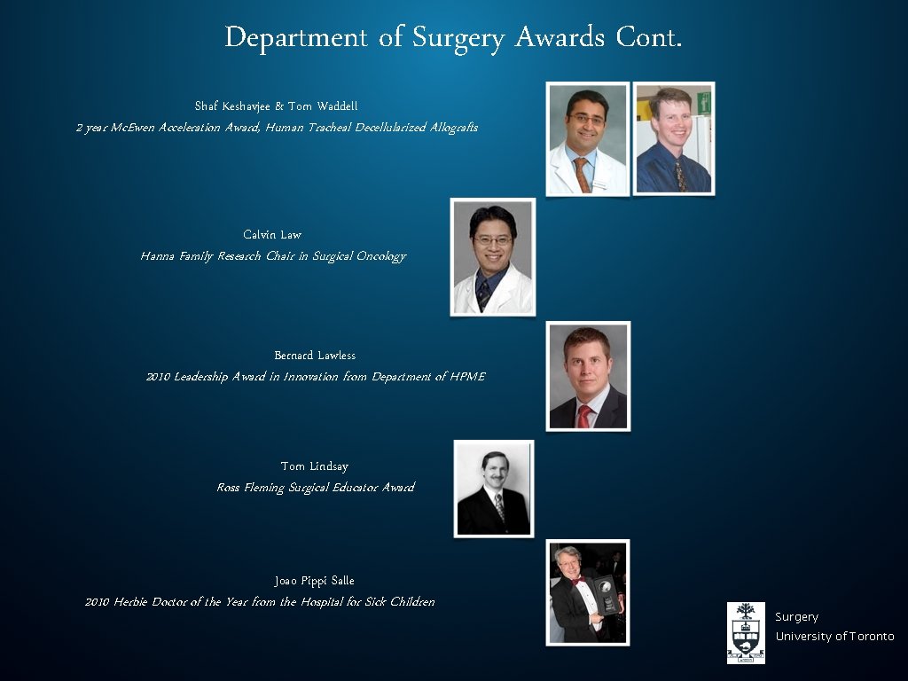Department of Surgery Awards Cont. Shaf Keshavjee & Tom Waddell 2 year Mc. Ewen