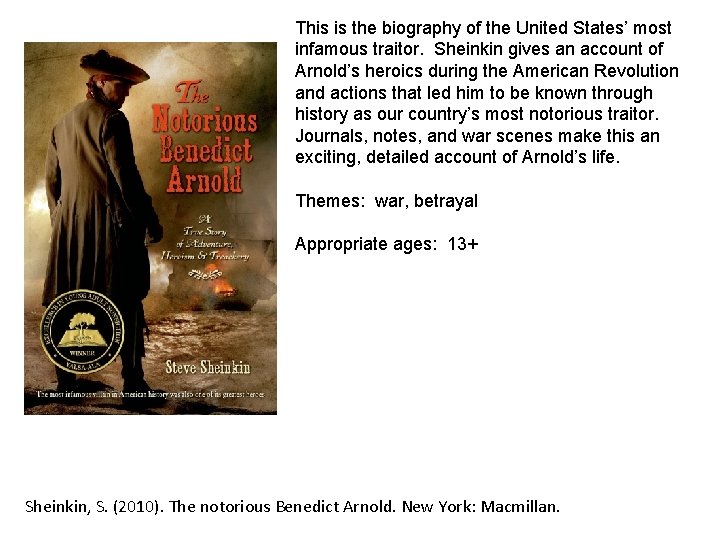 This is the biography of the United States’ most infamous traitor. Sheinkin gives an