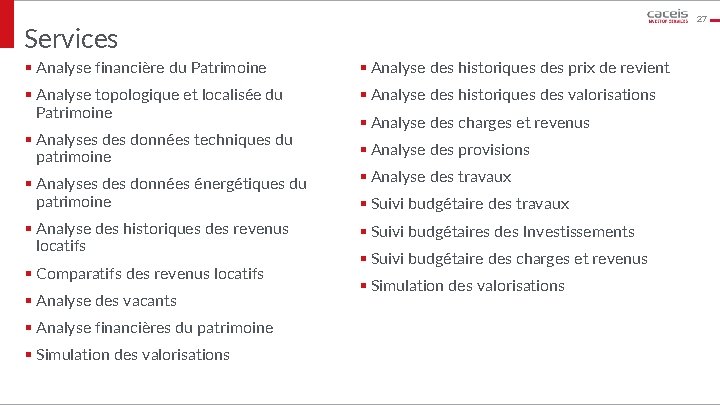 27 Services § Analyse financière du Patrimoine § Analyse des historiques des prix de