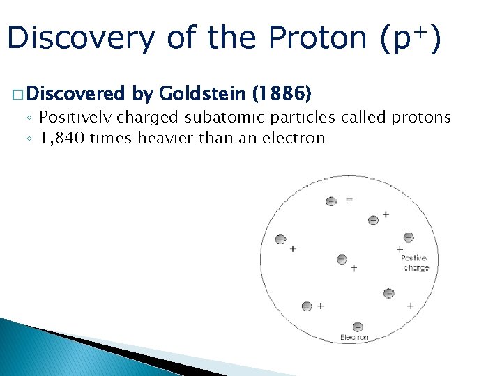 Discovery of the Proton � Discovered by Goldstein (1886) + (p ) ◦ Positively