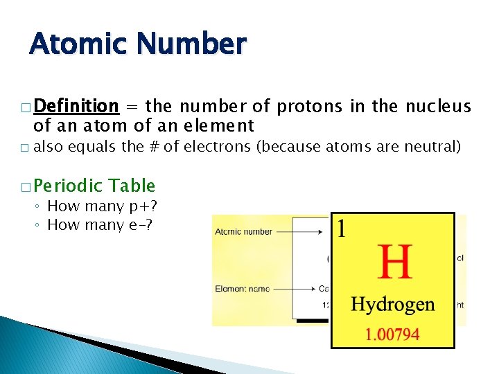 Atomic Number � Definition = the number of protons in the nucleus of an