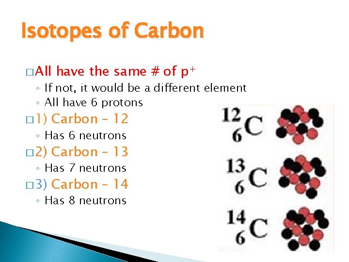 Isotopes of Carbon � All have the same # of p+ ◦ If not,