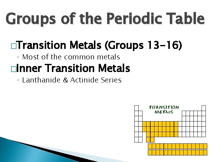 Groups of the Periodic Table �Transition Metals (Groups 13 -16) ◦ Most of the