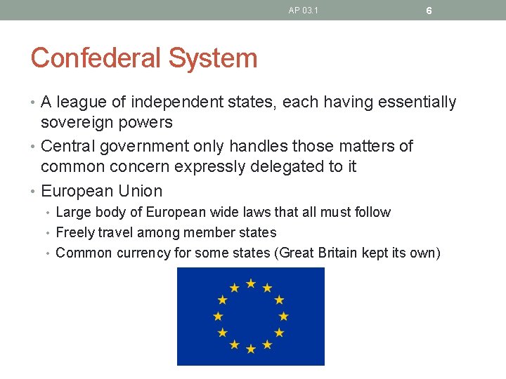 AP 03. 1 6 Confederal System • A league of independent states, each having