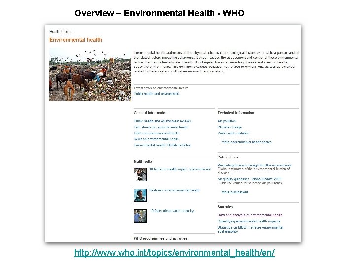 Overview – Environmental Health - WHO http: //www. who. int/topics/environmental_health/en/ 