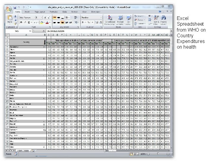 Excel Spreadsheet from WHO on Country Expenditures on health 