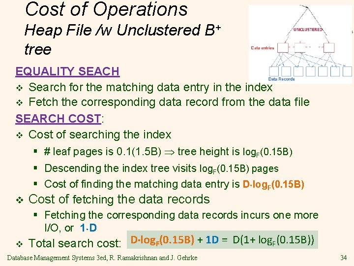 Cost of Operations Heap File /w Unclustered B+ tree EQUALITY SEACH v Search for