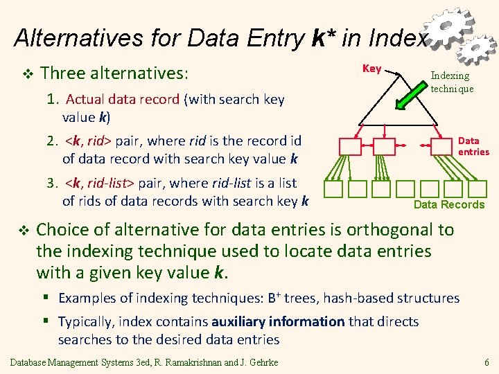 Alternatives for Data Entry k* in Index v Three alternatives: Key Indexing technique 1.