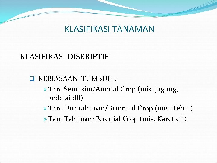 KLASIFIKASI TANAMAN KLASIFIKASI DISKRIPTIF q KEBIASAAN TUMBUH : Ø Tan. Semusim/Annual Crop (mis. Jagung,