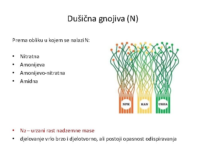 Dušična gnojiva (N) Prema obliku u kojem se nalazi N: • • Nitratna Amonijevo-nitratna