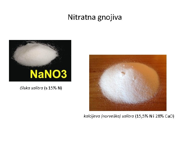 Nitratna gnojiva čilska salitra (s 15% N) kalcijeva (norveška) salitra (15, 5% N i