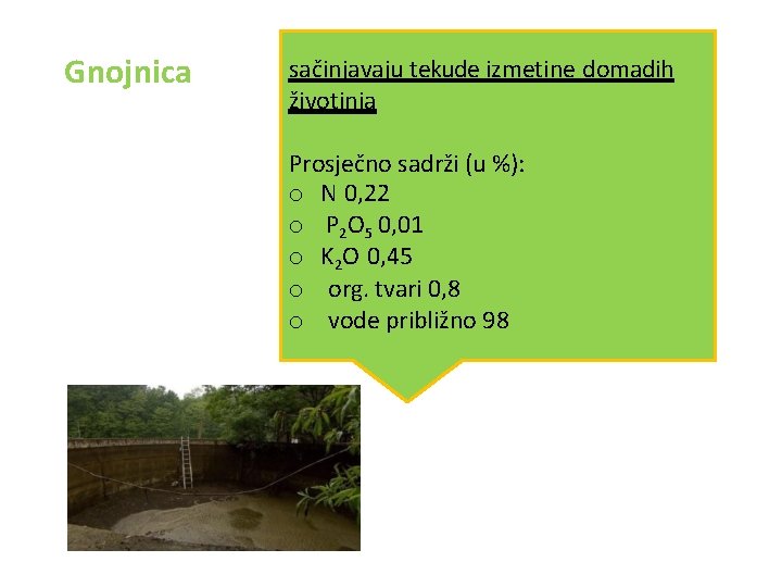 Gnojnica sačinjavaju tekude izmetine domadih životinja Prosječno sadrži (u %): o N 0, 22