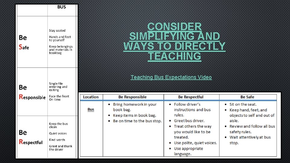 CONSIDER SIMPLIFYING AND WAYS TO DIRECTLY TEACHING Teaching Bus Expectations Video 
