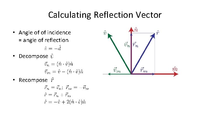 Calculating Reflection Vector • Angle of of incidence = angle of reflection • Decompose