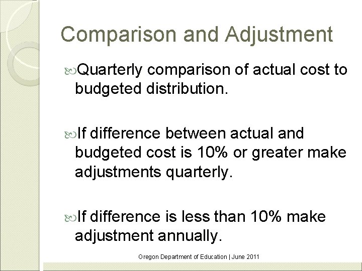 Comparison and Adjustment Quarterly comparison of actual cost to budgeted distribution. If difference between