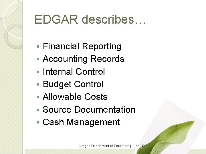 EDGAR describes… § § § § Financial Reporting Accounting Records Internal Control Budget Control