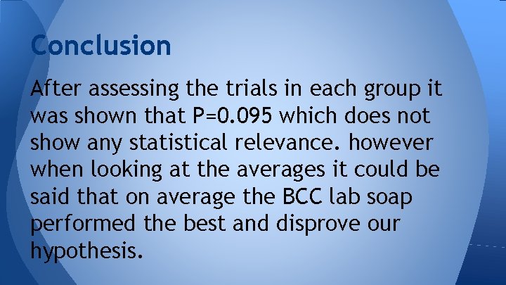 Conclusion After assessing the trials in each group it was shown that P=0. 095